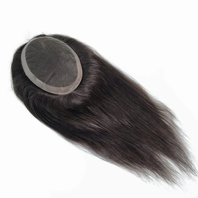 Swiss Lace PU Thin Skin Around Men Toupee with Human Hair Piece System Size 7"×9" Hair Length 20 Inch Natural Black 1B#