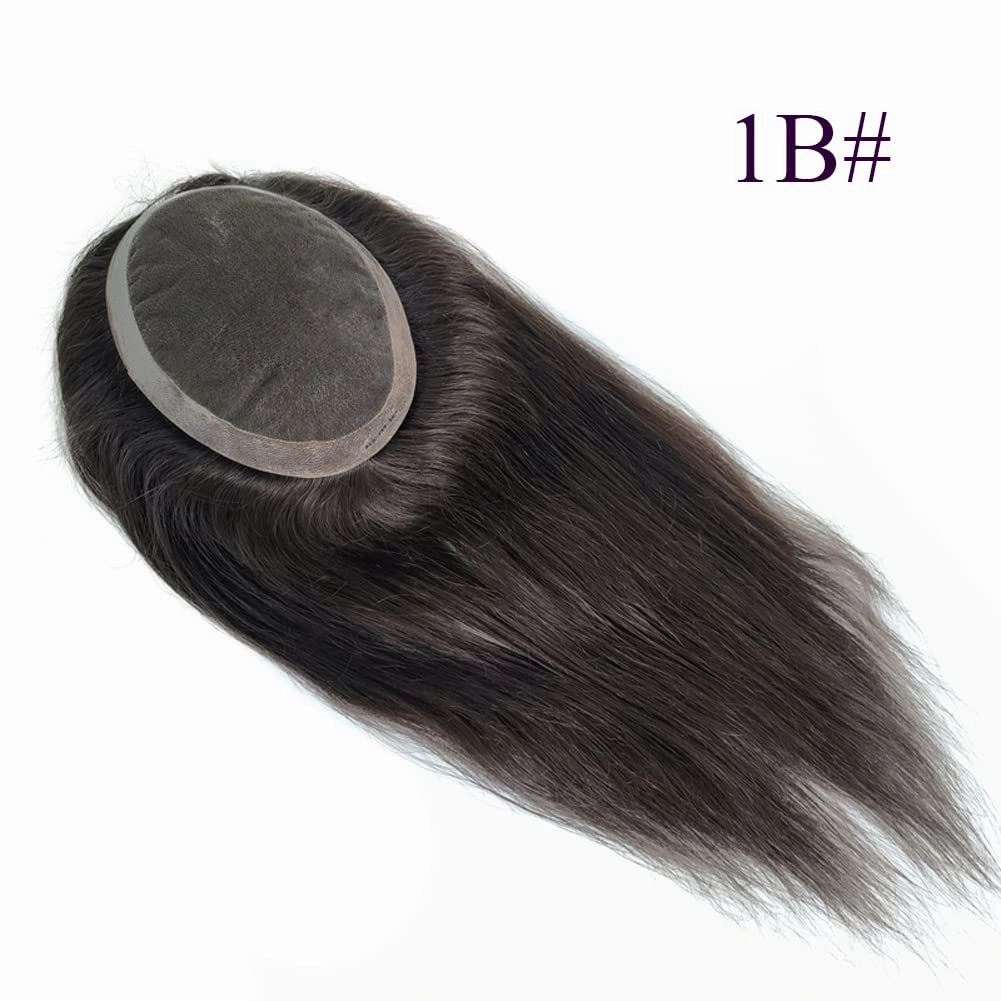 Swiss Lace PU Thin Skin Around Men Toupee with Human Hair Piece System Size 7"×9" Hair Length 20 Inch Natural Black 1B#