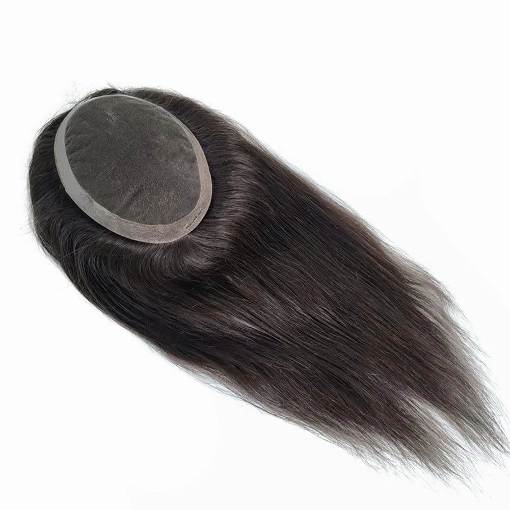 Swiss Lace PU Thin Skin Around Men Toupee with Human Hair Piece System Size 7"×9" Hair Length 20 Inch Natural Black 1B#