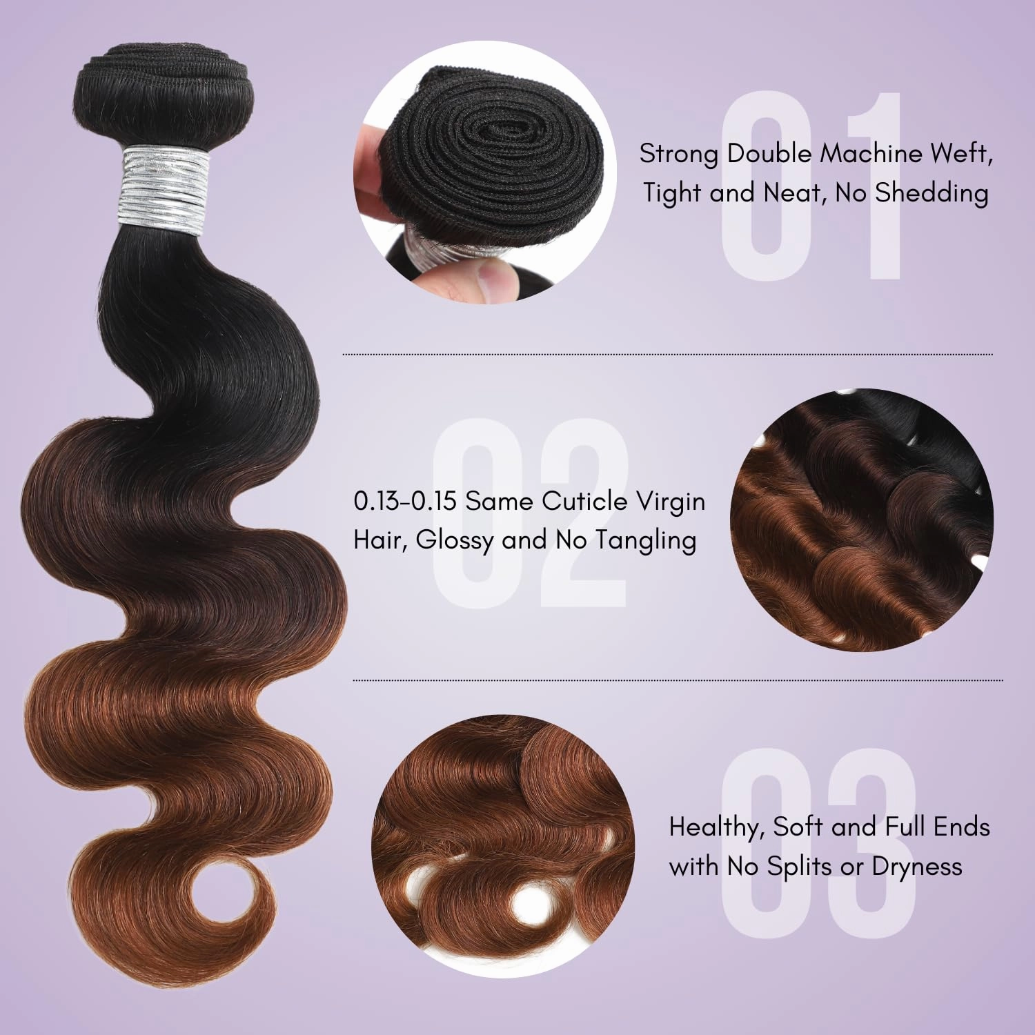 T1B/2/30 Chestnut Brown Ombre Human Hair Bundles Body Wave 10 Inch, 10A Thick Track 100% Virgin Human Hair Bundles Dark Roots Bundle 3 Tone Ombre Medium Auburn Colored Single Bundle Quick Weaves