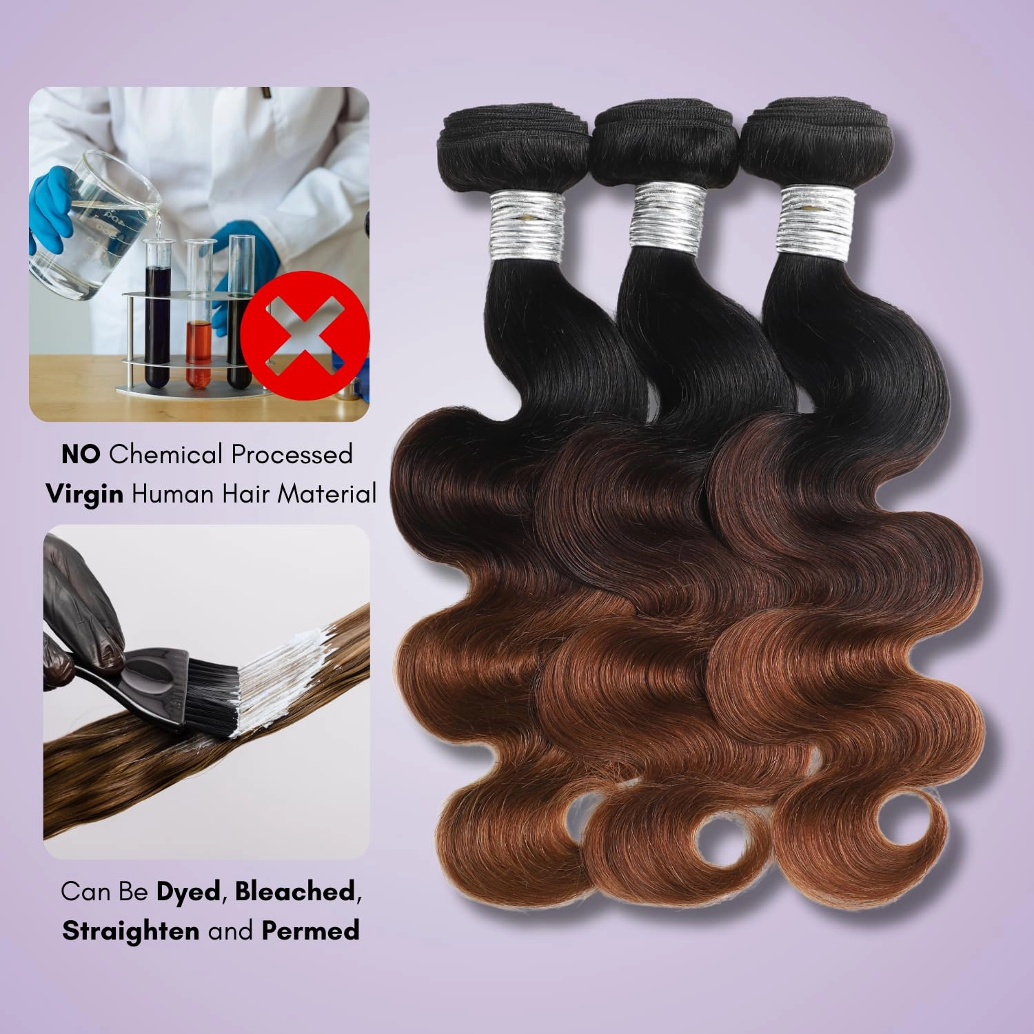 T1B/2/30 Chestnut Brown Ombre Human Hair Bundles Body Wave 10 Inch, 10A Thick Track 100% Virgin Human Hair Bundles Dark Roots Bundle 3 Tone Ombre Medium Auburn Colored Single Bundle Quick Weaves
