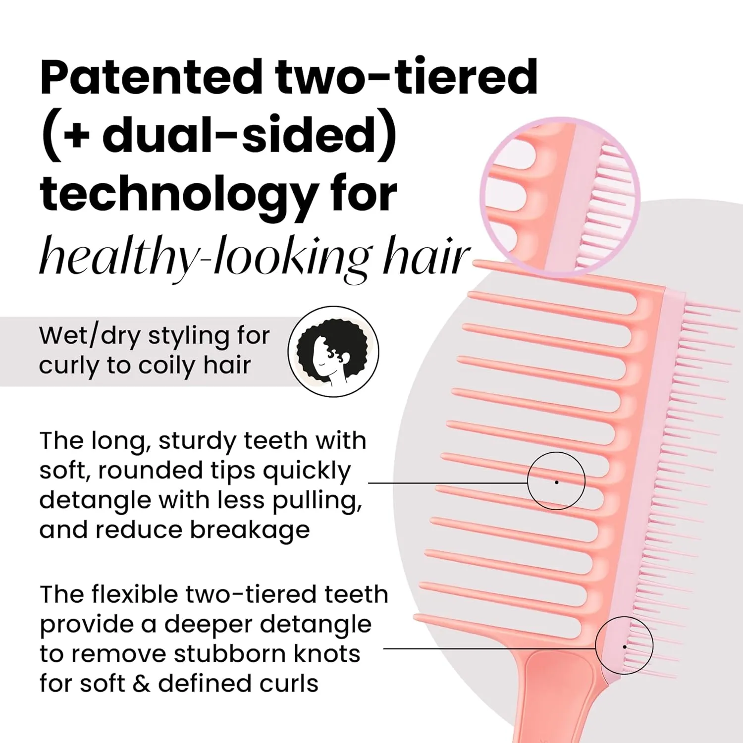 Tangle Teezer Wide Tooth Comb, Double Sided for Detangling and Less Breakage, for 3C to 4C Curly Hair Types, Peach