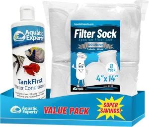TankFirst Aquarium Water Conditioner 500 mL and 100 Micron Felt Filter Socks 4"x14" - 8 Pack, Made in USA (Value Pack)