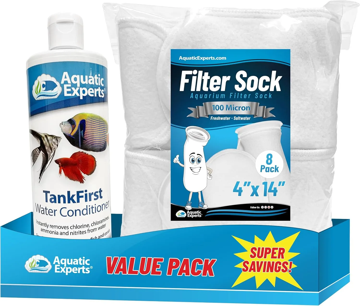 TankFirst Aquarium Water Conditioner 500 mL and 100 Micron Felt Filter Socks 4"x14" - 8 Pack, Made in USA (Value Pack)