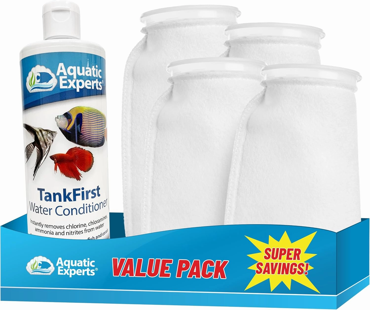 TankFirst Aquarium Water Conditioner 500 mL and 100 Micron Felt Filter Socks 4"x10.5" - 4 Pack, Made in USA (Value Pack)