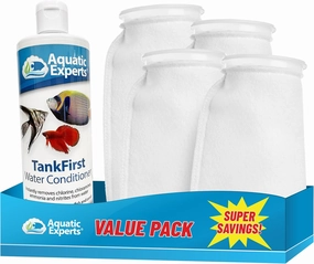 TankFirst Aquarium Water Conditioner 500 mL and 100 Micron Felt Filter Socks 4"x10.5" - 4 Pack, Made in USA (Value Pack)