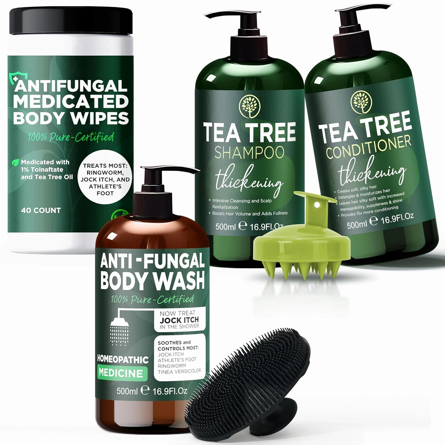 Tea Tree Shampoo & Conditioner Set   Antifungal Body Wash   Medicated Body Wipes | Thinning Hair Loss Treatment, Fights Dandruff, Ringworm, Eczema, Jock Itch & Athlete’s Foot | Sulfate & Paraben Free