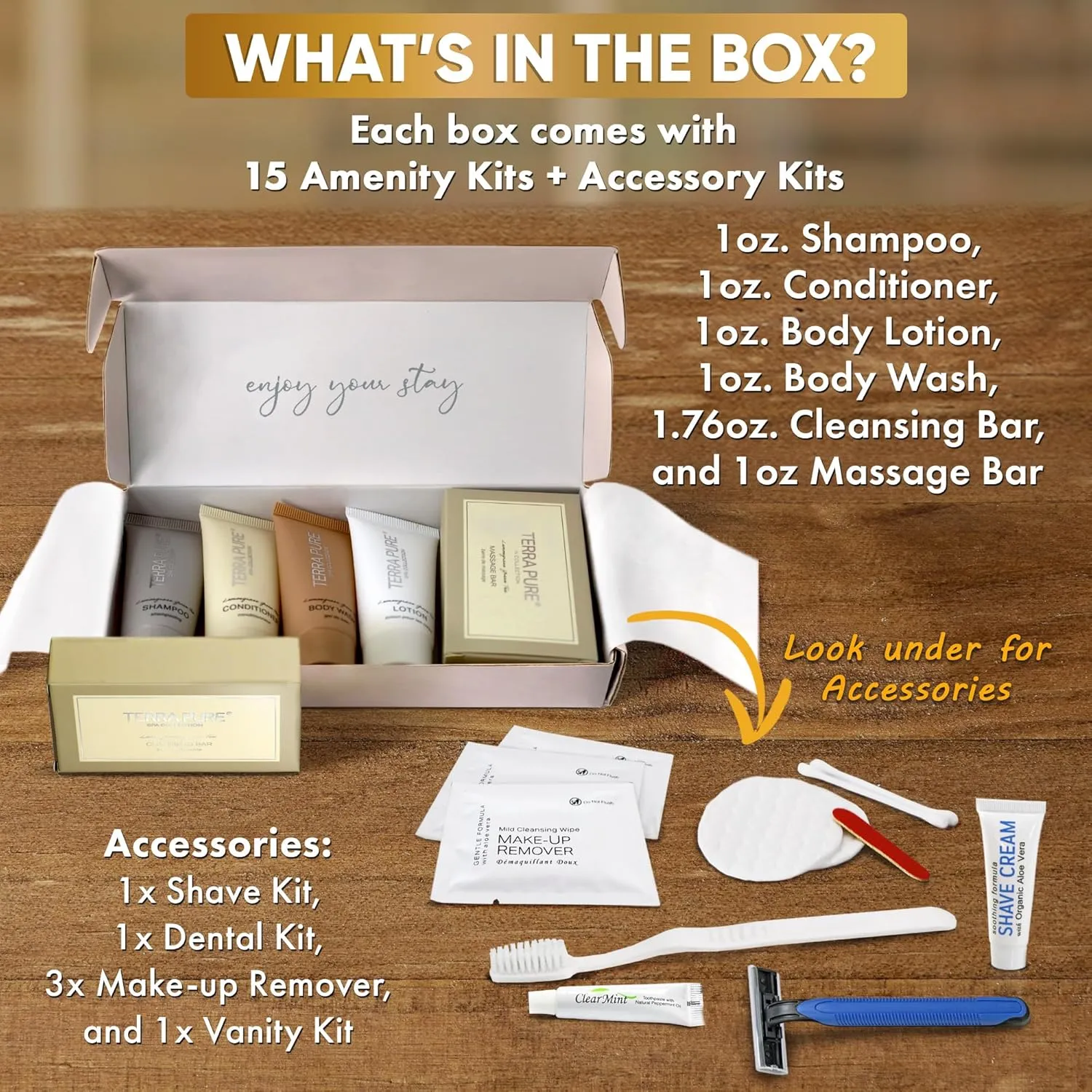 Terra Pure Spa Collection Amenity & Accessory Kit |0.85 oz Travel Size Shampoo, Conditioner, Lotion, Body Wash, 2 Soap Bars, Shave & Dental Sets, Make-Up Remover Wipes, & Vanity Kit | 15 sets/case