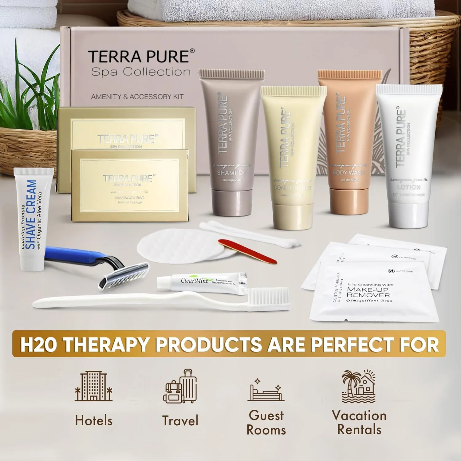 Terra Pure Spa Collection Amenity & Accessory Kit |0.85 oz Travel Size Shampoo, Conditioner, Lotion, Body Wash, 2 Soap Bars, Shave & Dental Sets, Make-Up Remover Wipes, & Vanity Kit | 15 sets/case