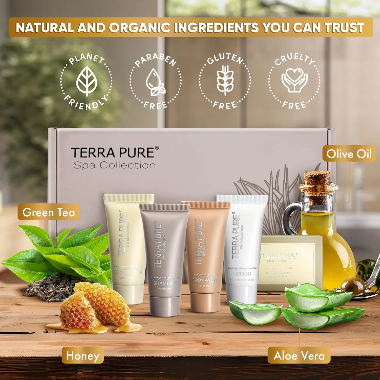 Terra Pure Spa Collection Amenity & Accessory Kit |0.85 oz Travel Size Shampoo, Conditioner, Lotion, Body Wash, 2 Soap Bars, Shave & Dental Sets, Make-Up Remover Wipes, & Vanity Kit | 15 sets/case