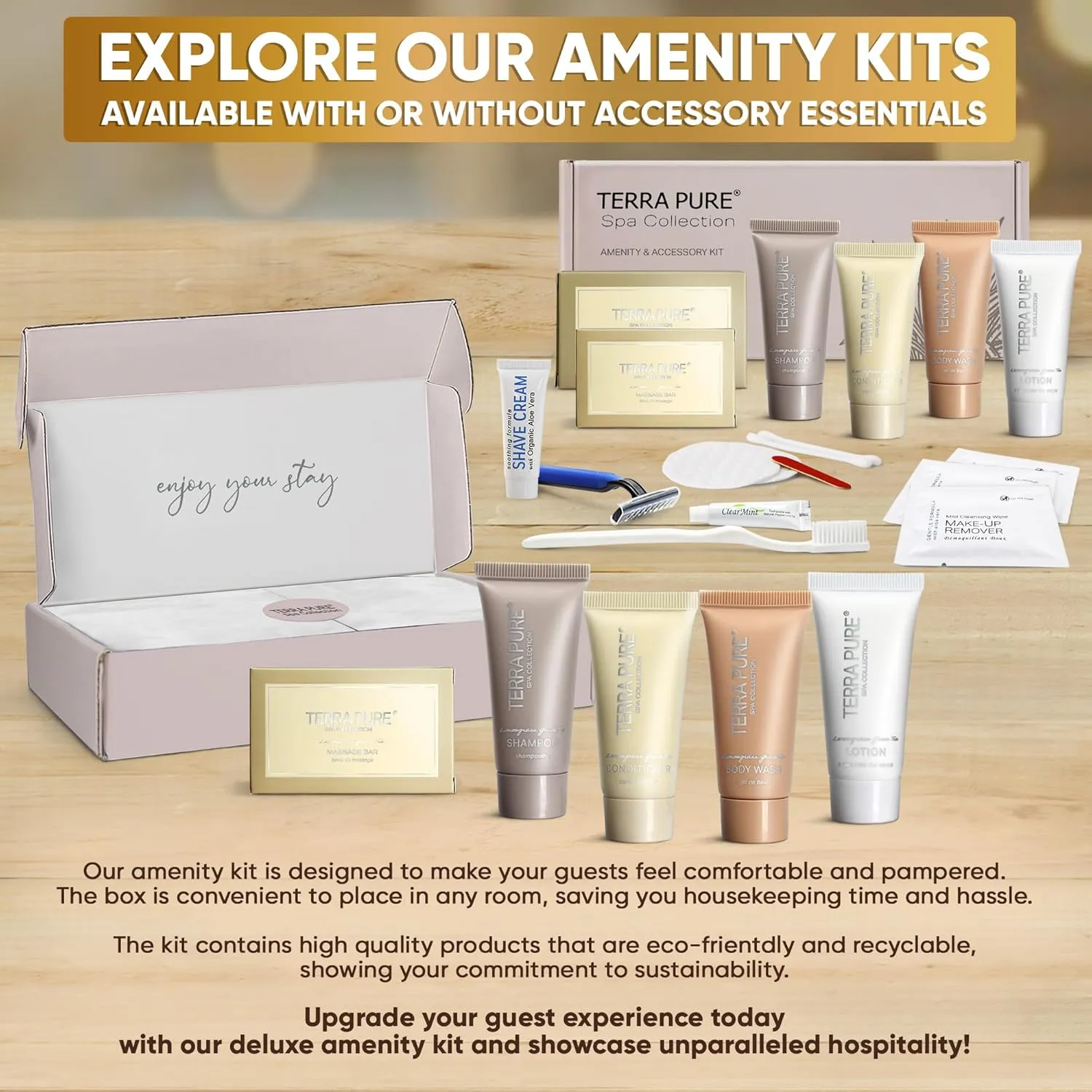 Terra Pure Spa Collection Amenity & Accessory Kit |0.85 oz Travel Size Shampoo, Conditioner, Lotion, Body Wash, 2 Soap Bars, Shave & Dental Sets, Make-Up Remover Wipes, & Vanity Kit | 15 sets/case