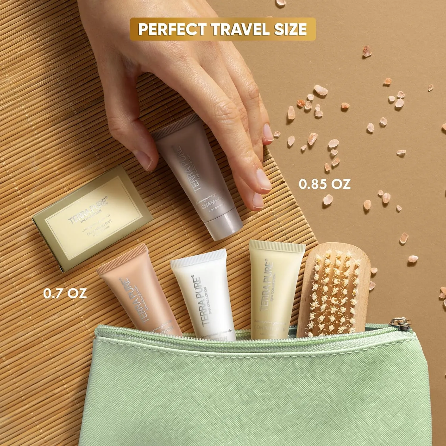 Terra Pure Spa Collection Bulk Set Toiletries | 1-Shoppe Amenities Kit for Hotels & Vacation Rentals | 0.85 oz Shampoo, Conditioner, Body Wash, Lotion, Cleansing Bar | 75 Pieces