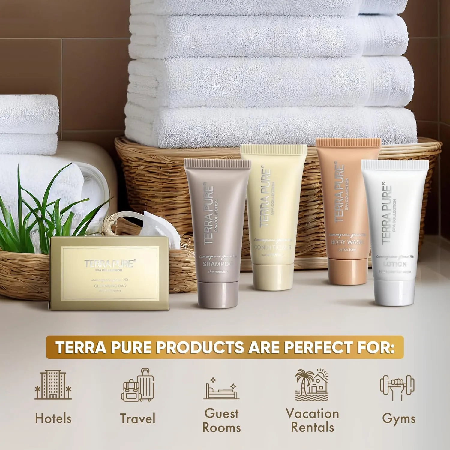 Terra Pure Spa Collection Bulk Set Toiletries | 1-Shoppe Amenities Kit for Hotels & Vacation Rentals | 0.85 oz Shampoo, Conditioner, Body Wash, Lotion, Cleansing Bar | 75 Pieces