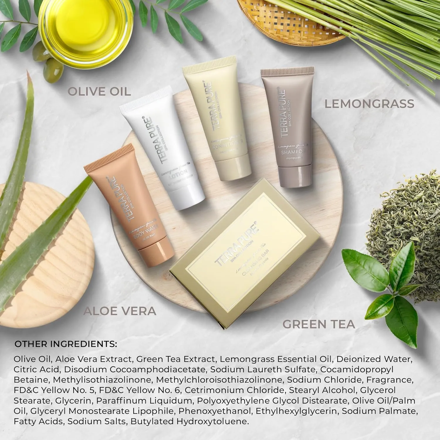 Terra Pure Spa Collection Bulk Set Toiletries | 1-Shoppe Amenities Kit for Hotels & Vacation Rentals | 0.85 oz Shampoo, Conditioner, Body Wash, Lotion, Cleansing Bar | 75 Pieces