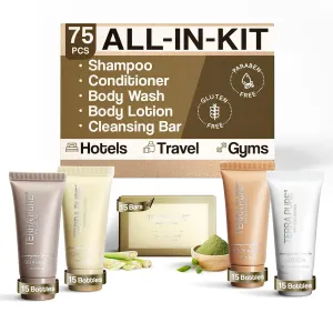 Terra Pure Spa Collection Bulk Set Toiletries | 1-Shoppe Amenities Kit for Hotels & Vacation Rentals | 0.85 oz Shampoo, Conditioner, Body Wash, Lotion, Cleansing Bar | 75 Pieces