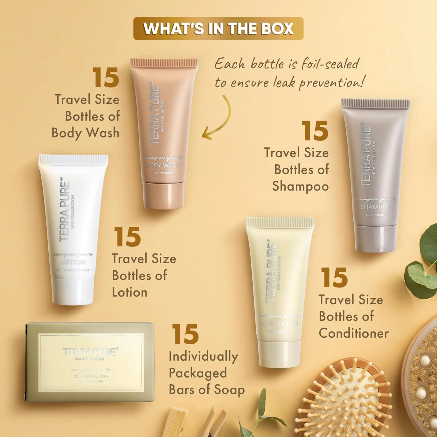 Terra Pure Spa Collection Bulk Set Toiletries | 1-Shoppe Amenities Kit for Hotels & Vacation Rentals | 0.85 oz Shampoo, Conditioner, Body Wash, Lotion, Cleansing Bar | 75 Pieces