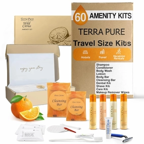 Terra Pure Amenity & Accessory Kit |1 oz Travel Size Shampoo, Conditioner, Lotion, Body Wash, 2 Cleansing Bars, Shave & Dental Sets, Make-Up Remover Wipes, & Vanity Kit | 60 sets per case