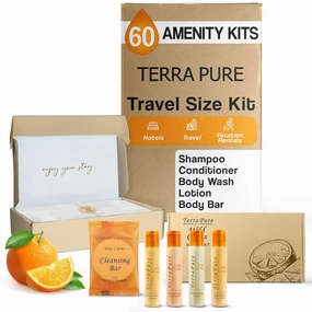 Terra Pure Amenity Kit | Boxed Hotel Toiletries Bulk Set | 1 oz Shampoo, Conditioner, Lotion, Body Wash & Cleansing Bar | 60 Sets per Case