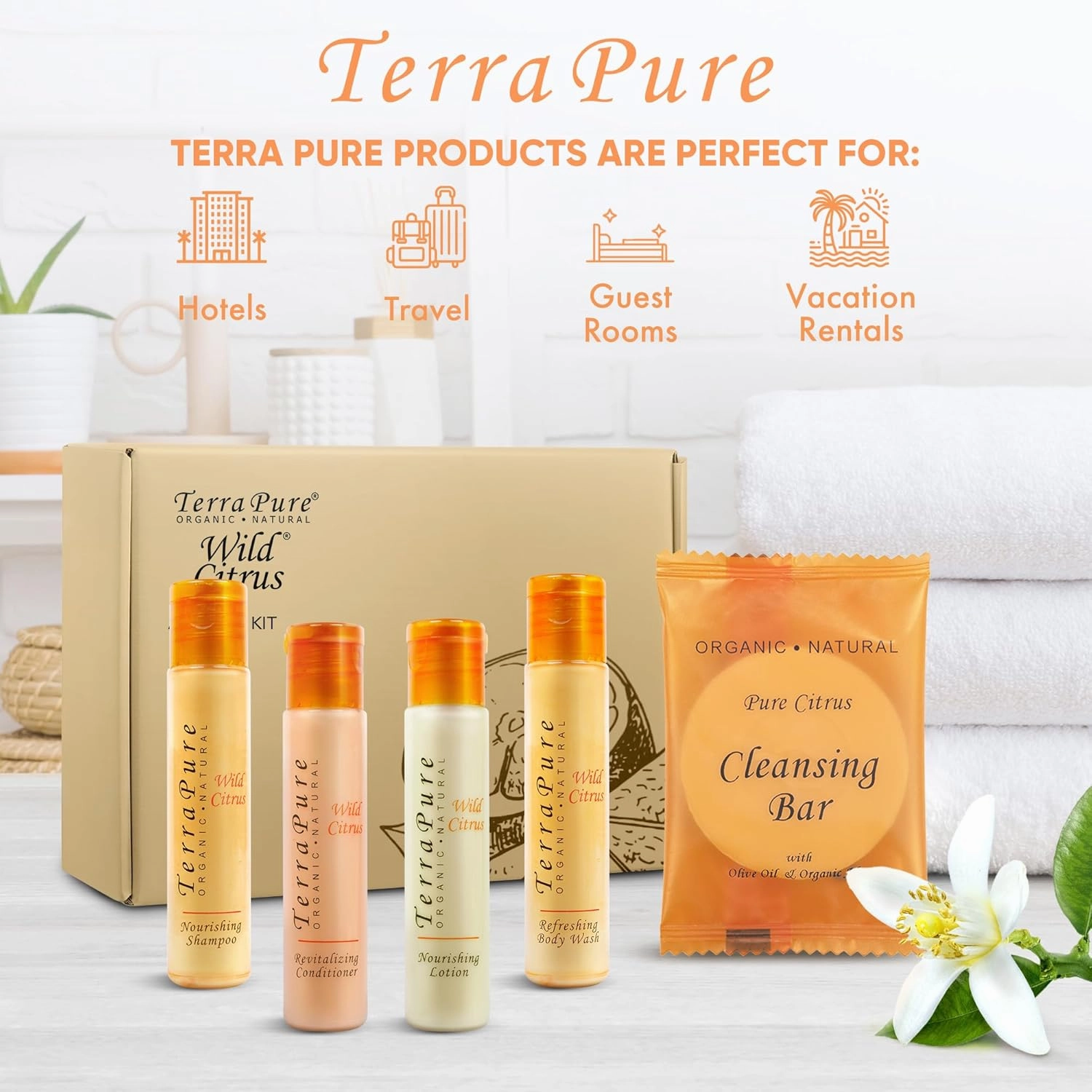 Terra Pure Amenity Kit | Boxed Hotel Toiletries Bulk Set | 1 oz Shampoo, Conditioner, Lotion, Body Wash & Cleansing Bar | 60 Sets per Case