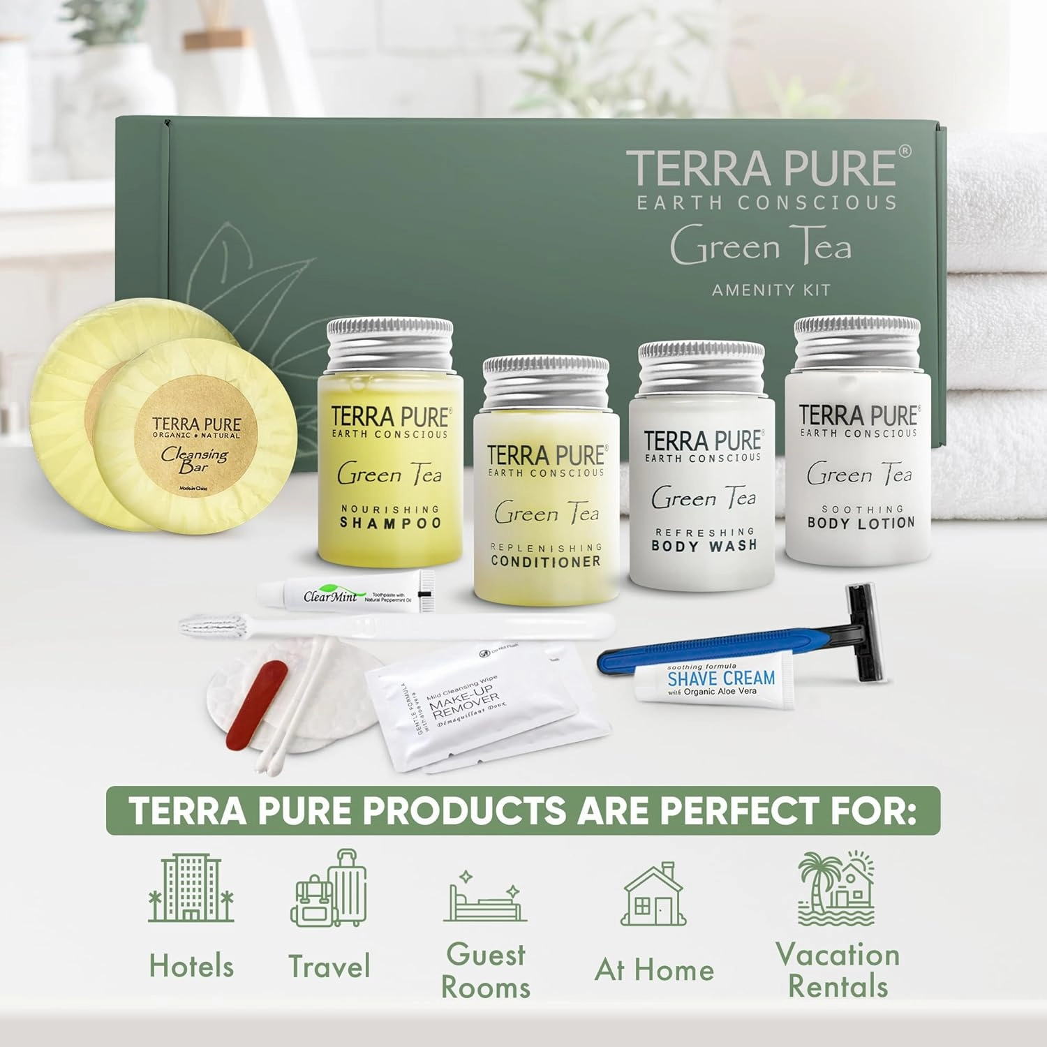 Terra Pure Green Tea Amenity & Accessory Kit | 1 oz Travel Size Shampoo, Conditioner, Lotion, Body Wash, 2 Soap Bars, Shave & Dental Sets, Make-Up Remover Wipes, & Vanity Kit | 60 sets per case