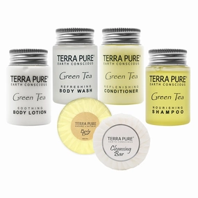 Terra Pure White Tea and Coconut | 75 pcs 1oz Shampoo and Conditioner, Body Wash, Lotion, 1.25oz Bar Soap and 100 pcs Cleansing Bar Soap