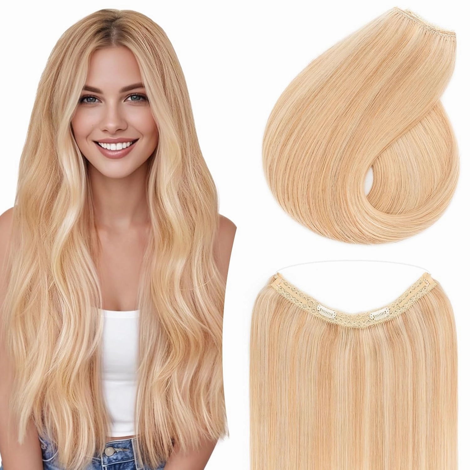 TESS Human Hair Halo Extensions 100% Remy Hair 16 Inch Straight Adjustable Invisible Wire Easy to Use Clip in, Camel mixed Light gold