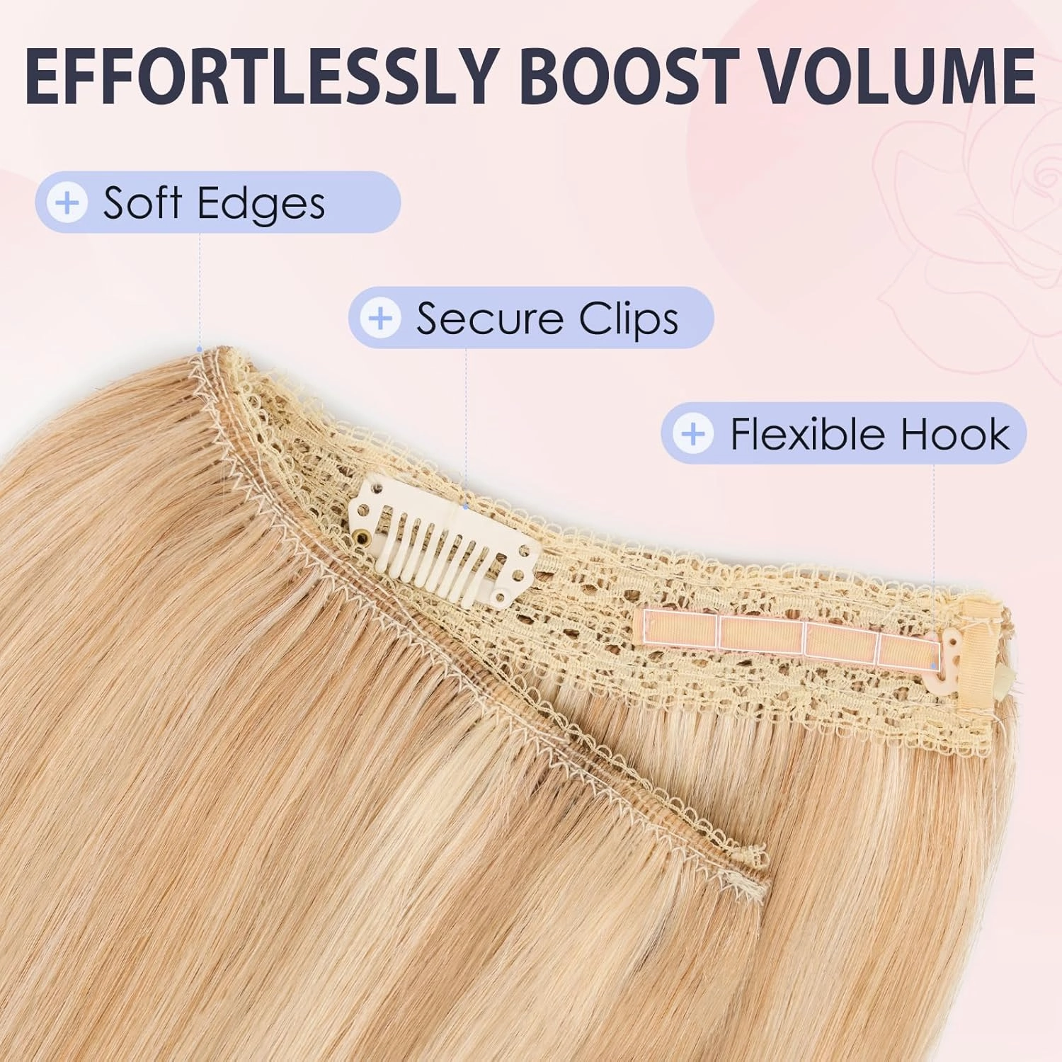 TESS Human Hair Halo Extensions 100% Remy Hair 16 Inch Straight Adjustable Invisible Wire Easy to Use Clip in, Camel mixed Light gold