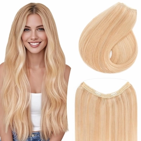 TESS Human Hair Halo Extensions 100% Remy Hair 16 Inch Straight Adjustable Invisible Wire Easy to Use Clip in, Camel mixed Light gold