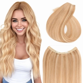 TESS Human Hair Halo Extensions 100% Remy Hair 16 Inch Straight Adjustable Invisible Wire Easy to Use Clip in, Flax Yellow mixed Light gold