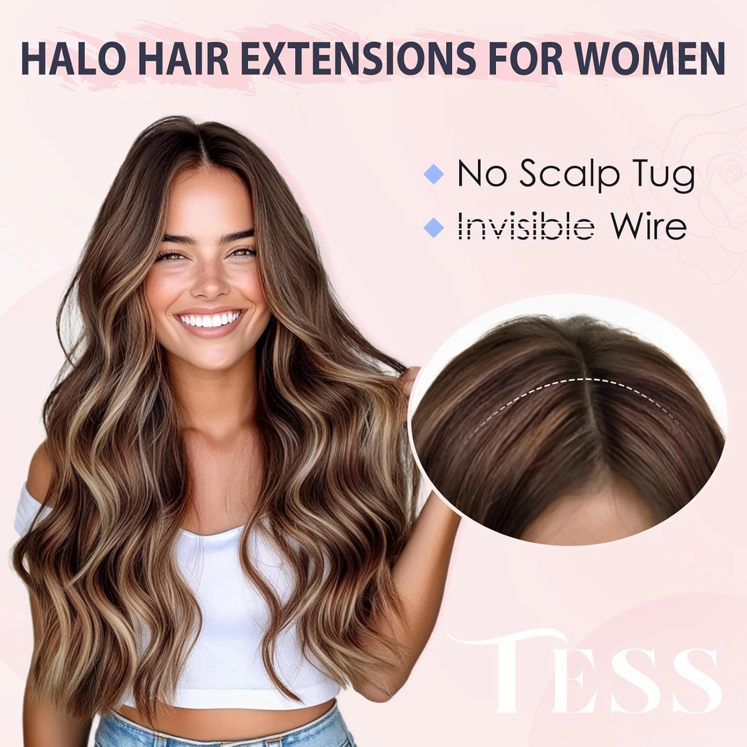 TESS Human Hair Halo Extensions 100% Remy Hair 16 Inch Straight Adjustable Invisible Wire Easy to Use Clip in, Flax Yellow mixed Light gold