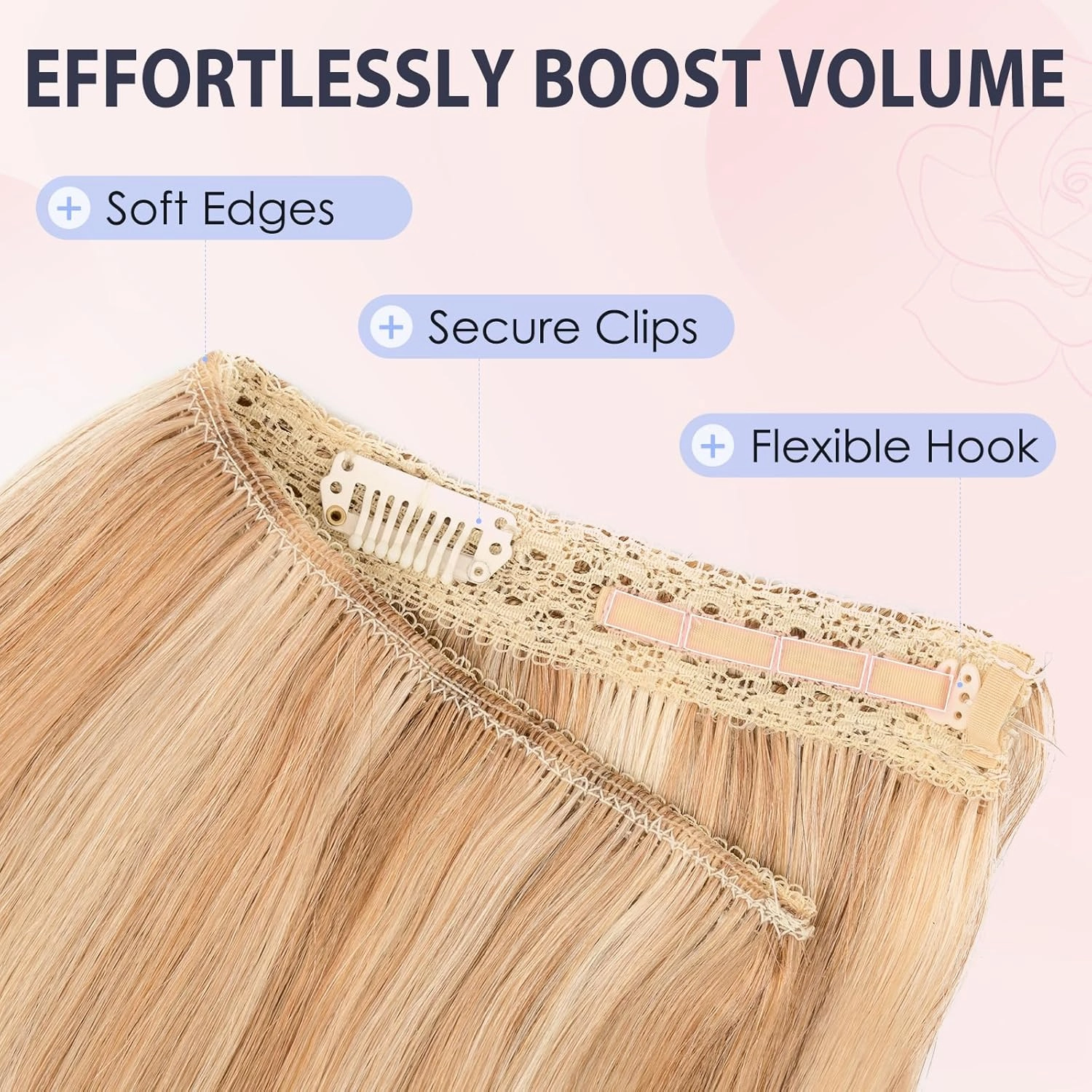 TESS Human Hair Halo Extensions 100% Remy Hair 16 Inch Straight Adjustable Invisible Wire Easy to Use Clip in, Flax Yellow mixed Light gold
