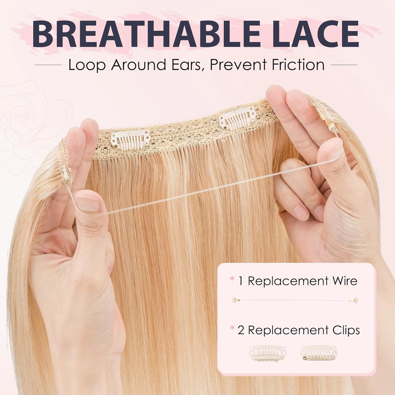 TESS Human Hair Halo Extensions 100% Remy Hair 16 Inch Straight Adjustable Invisible Wire Easy to Use Clip in, Flax Yellow mixed Light gold