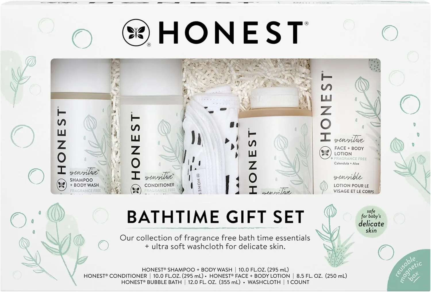 The Honest Company Fragrance Free Bathtime Gift Set | Hypoallergenic Bath Essentials for Sensitive Skin | Shampoo   Body Wash, Face   Body Lotion, Bubble Bath, Conditioner, Wash Cloth