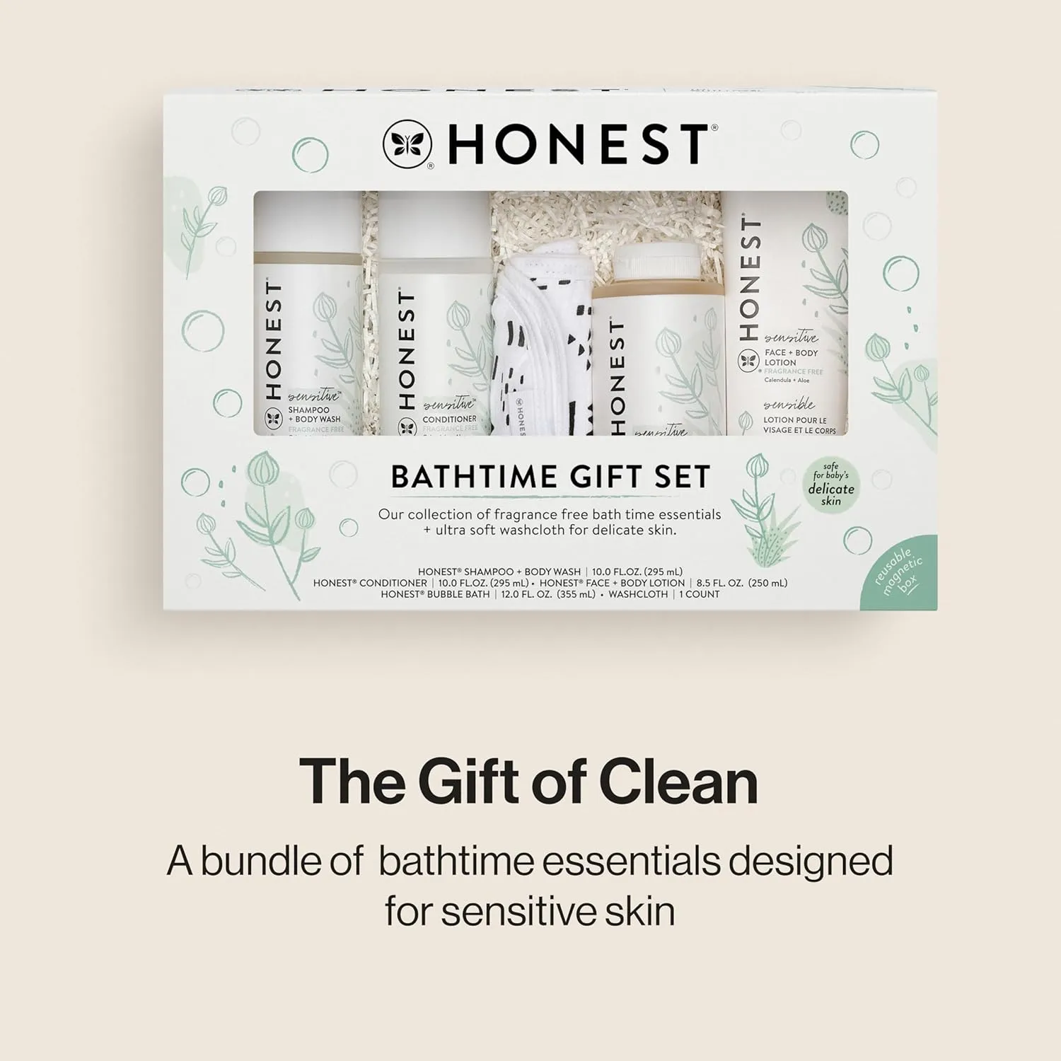 The Honest Company Fragrance Free Bathtime Gift Set | Hypoallergenic Bath Essentials for Sensitive Skin | Shampoo   Body Wash, Face   Body Lotion, Bubble Bath, Conditioner, Wash Cloth