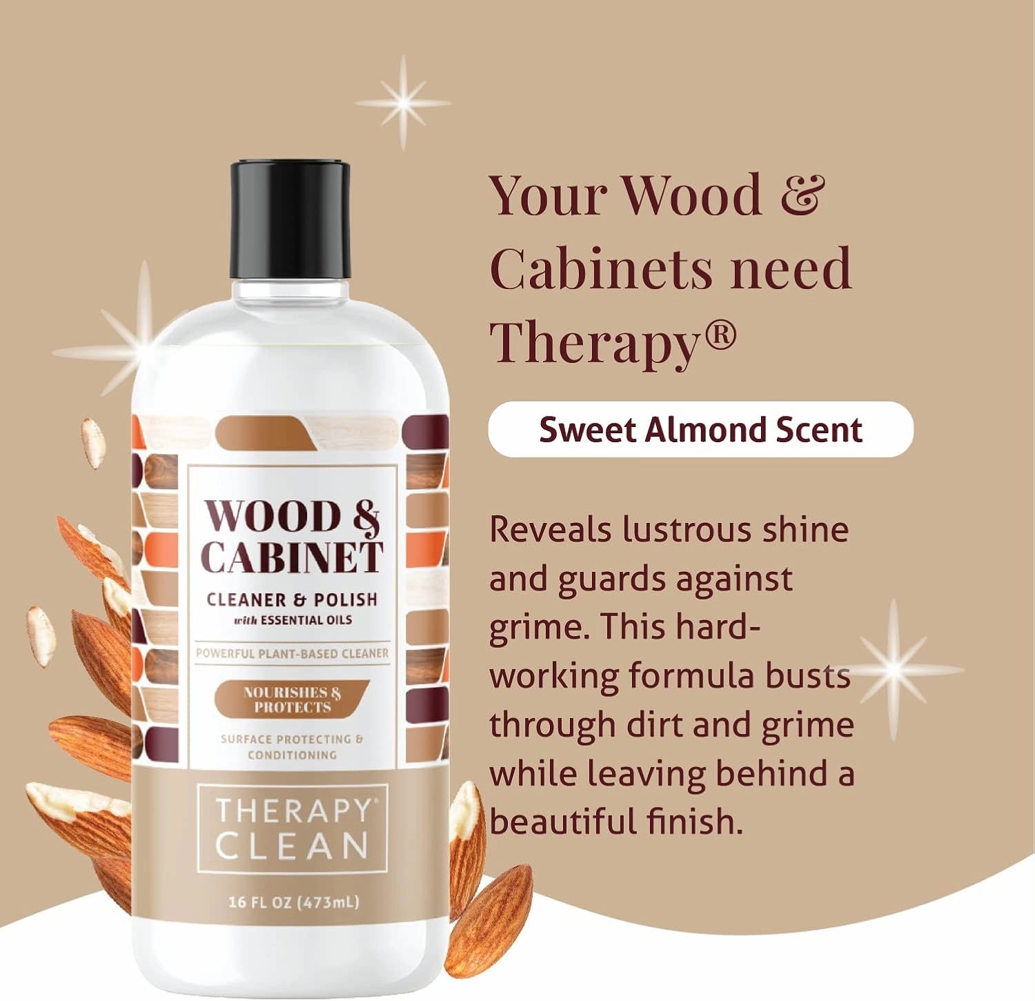 Therapy Wood Polish Bundle with Microfiber 16 oz. - Wood Furniture Polish, Best Furniture Cleaner - Almond Scent - Cleaner, Cabinet and Table Restorer, Natural Conditioner