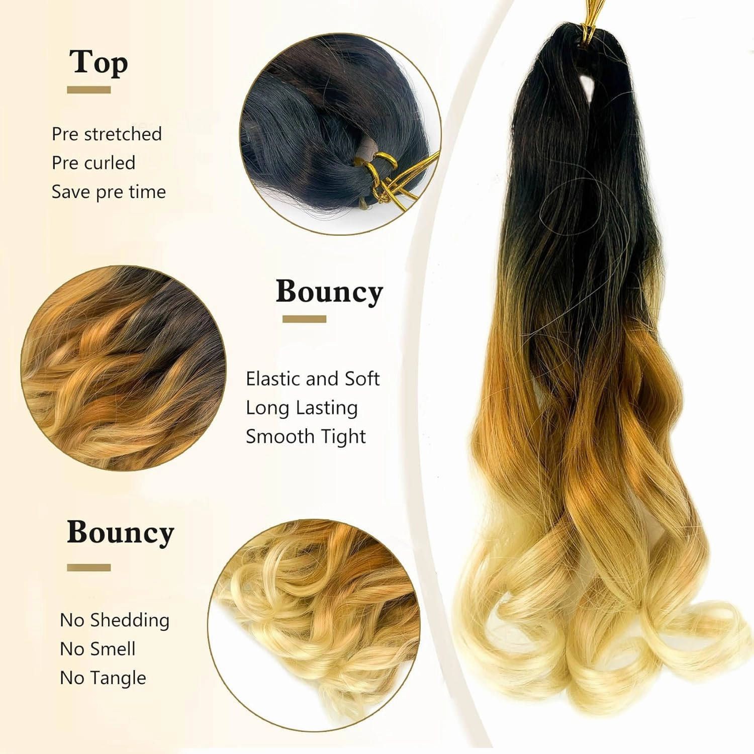 Three Tones French Curl Braiding Hair 14 Inch 8 Packs Loose Wavy Spanish Curly Braids Hair 1B/27/613 Color Pre Stretched Bouncy Braiding Hair with Curly Ends(8Packs,1B/27/613)