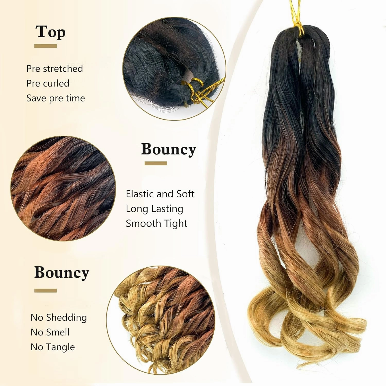 Three Tones French Curly Braiding Hair 14 Inch Pre Stretched Bouncy Braiding Hair 8 Packs French Curl Braiding Hair Loose Wavy Spiral Curl Braiding Hair Extensions for Women(8Packs,1B/30/27)