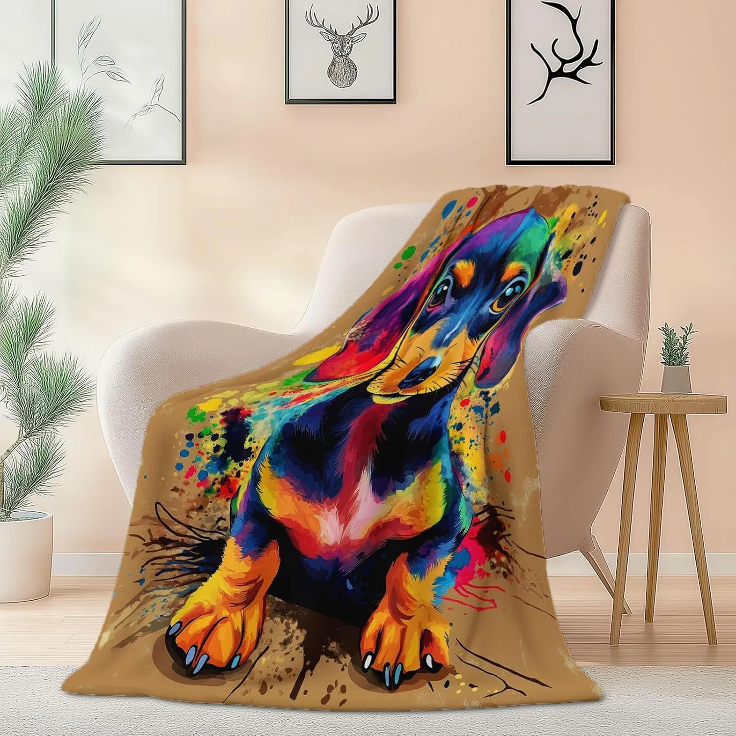 Throw Blanket Brown Lightweight, Cartoon Dachshund Graffiti Washable Blankets for Women Men Adults Gifts, 60" x 80" Soft Fleece No-Pilling Throw for Couch Sofa Bed Camping