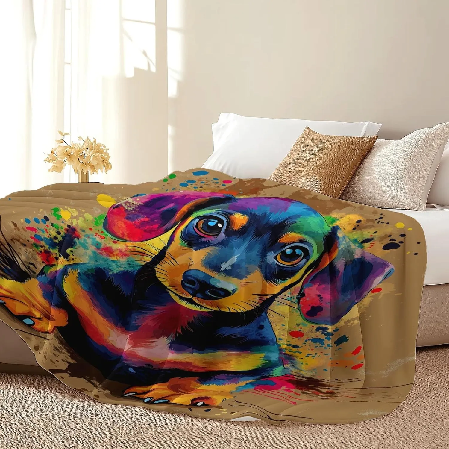 Throw Blanket Brown Lightweight, Cartoon Dachshund Graffiti Washable Blankets for Women Men Adults Gifts, 60" x 80" Soft Fleece No-Pilling Throw for Couch Sofa Bed Camping