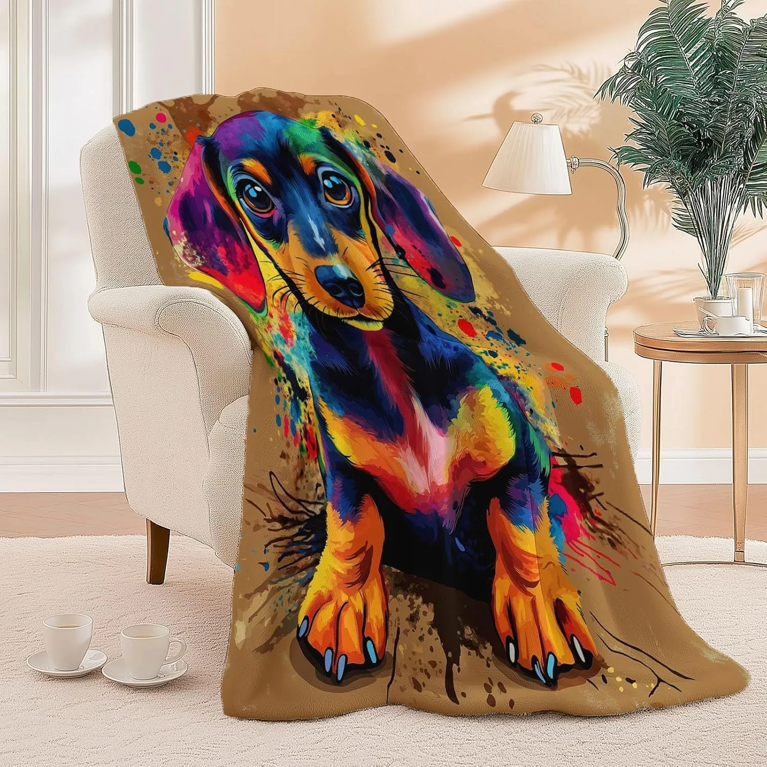 Throw Blanket Brown Lightweight, Cartoon Dachshund Graffiti Washable Blankets for Women Men Adults Gifts, 60" x 80" Soft Fleece No-Pilling Throw for Couch Sofa Bed Camping