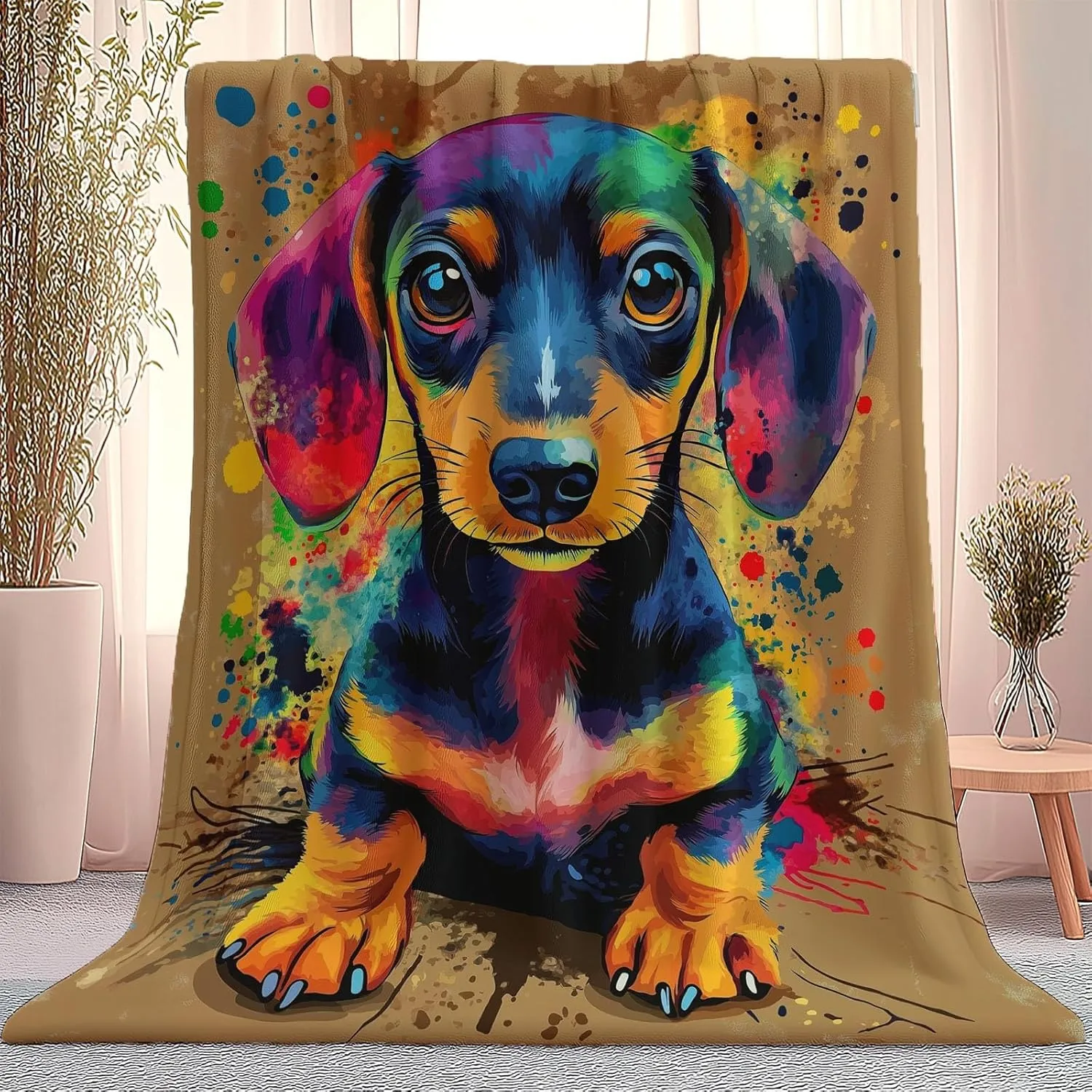 Throw Blanket Brown Lightweight, Cartoon Dachshund Graffiti Washable Blankets for Women Men Adults Gifts, 60" x 80" Soft Fleece No-Pilling Throw for Couch Sofa Bed Camping