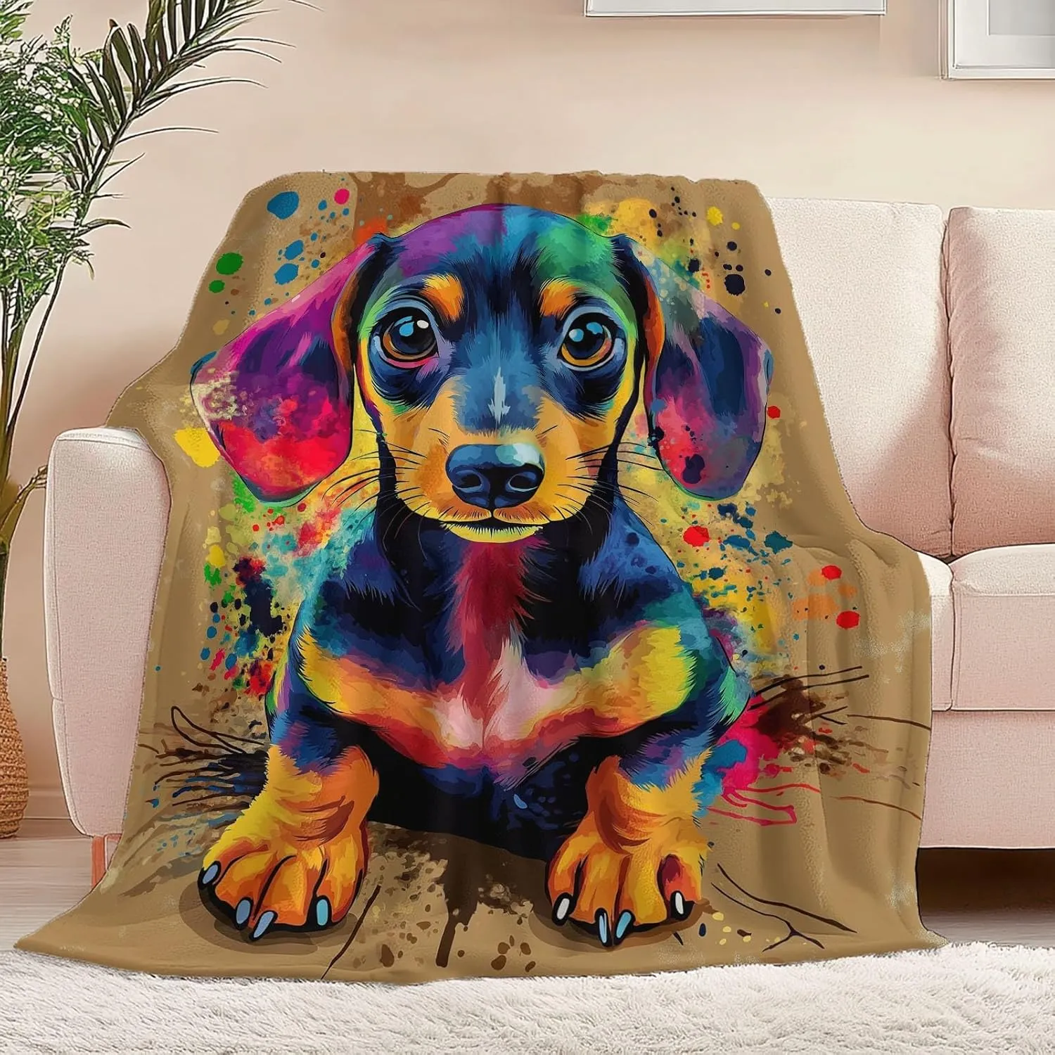 Throw Blanket Brown Lightweight, Cartoon Dachshund Graffiti Washable Blankets for Women Men Adults Gifts, 60" x 80" Soft Fleece No-Pilling Throw for Couch Sofa Bed Camping