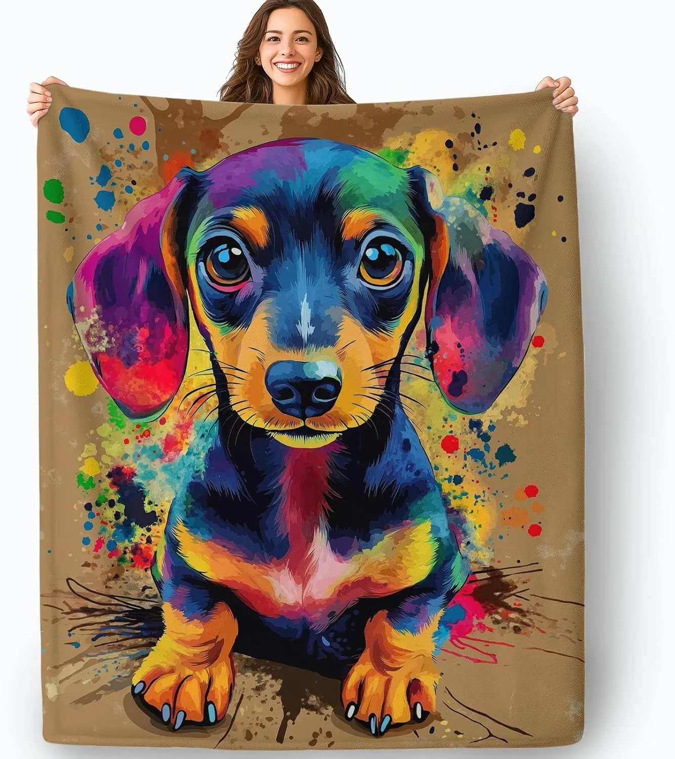 Throw Blanket Brown Lightweight, Cartoon Dachshund Graffiti Washable Blankets for Women Men Adults Gifts, 60" x 80" Soft Fleece No-Pilling Throw for Couch Sofa Bed Camping