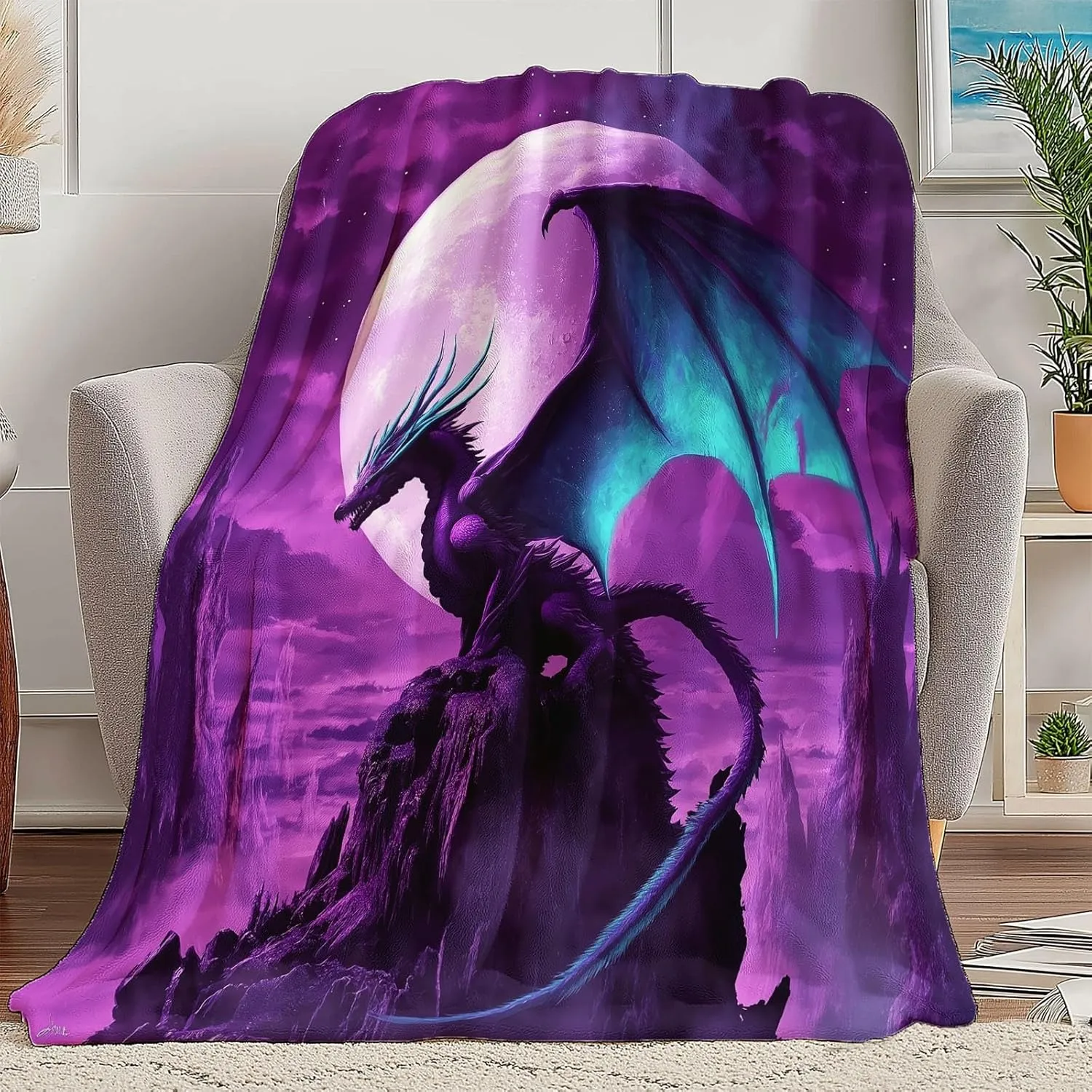 Throw Blanket Purple Lightweight, Fantasy Mountaintop Purple Dragon Washable Blankets for Women Men Adults Gifts, 70" x 80" Soft Fleece No-Pilling Throw for Couch Sofa Bed Camping