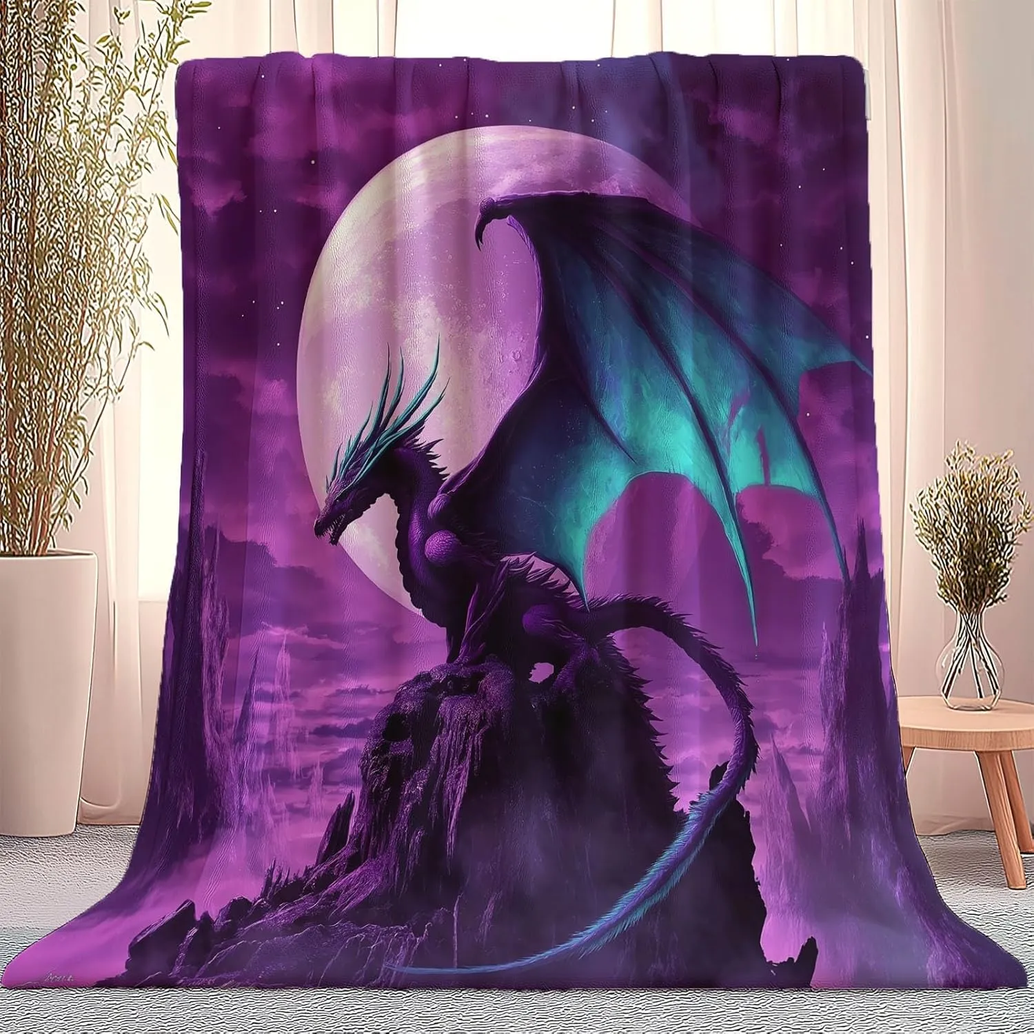 Throw Blanket Purple Lightweight, Fantasy Mountaintop Purple Dragon Washable Blankets for Women Men Adults Gifts, 70" x 80" Soft Fleece No-Pilling Throw for Couch Sofa Bed Camping