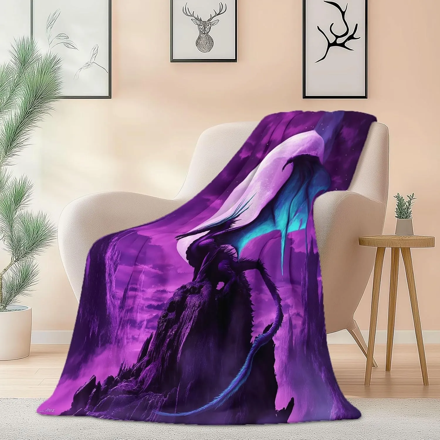 Throw Blanket Purple Lightweight, Fantasy Mountaintop Purple Dragon Washable Blankets for Women Men Adults Gifts, 70" x 80" Soft Fleece No-Pilling Throw for Couch Sofa Bed Camping