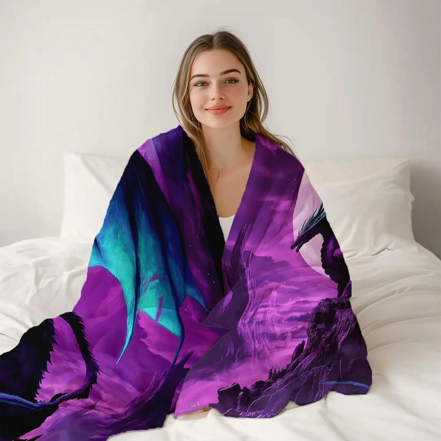 Throw Blanket Purple Lightweight, Fantasy Mountaintop Purple Dragon Washable Blankets for Women Men Adults Gifts, 70" x 80" Soft Fleece No-Pilling Throw for Couch Sofa Bed Camping