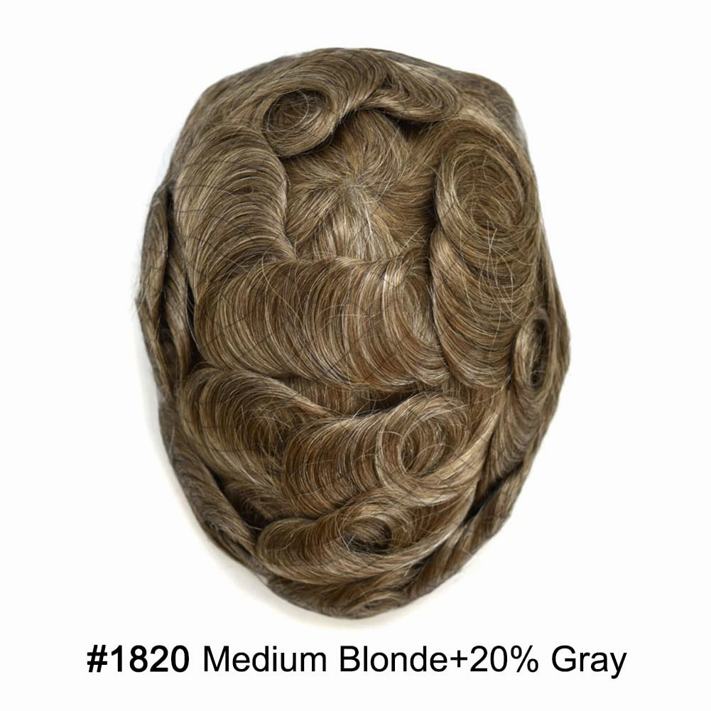 Toupee For Men Hair Replacement System Real Human Hair Piece For Men Swiss Lace Mens Toupee Hair Pieces Hair System For Men 7x9 100% light to medium density#1820 18# MEDIUM BLONDE 20%GREY