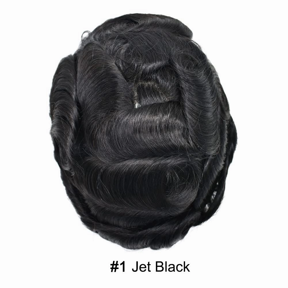 Toupee For Men Hair Replacement System Real Human Hair Piece For Men Swiss Lace Mens Toupee Hair Pieces Hair System For Men 8x10 100% light to medium density1# JET BLACK