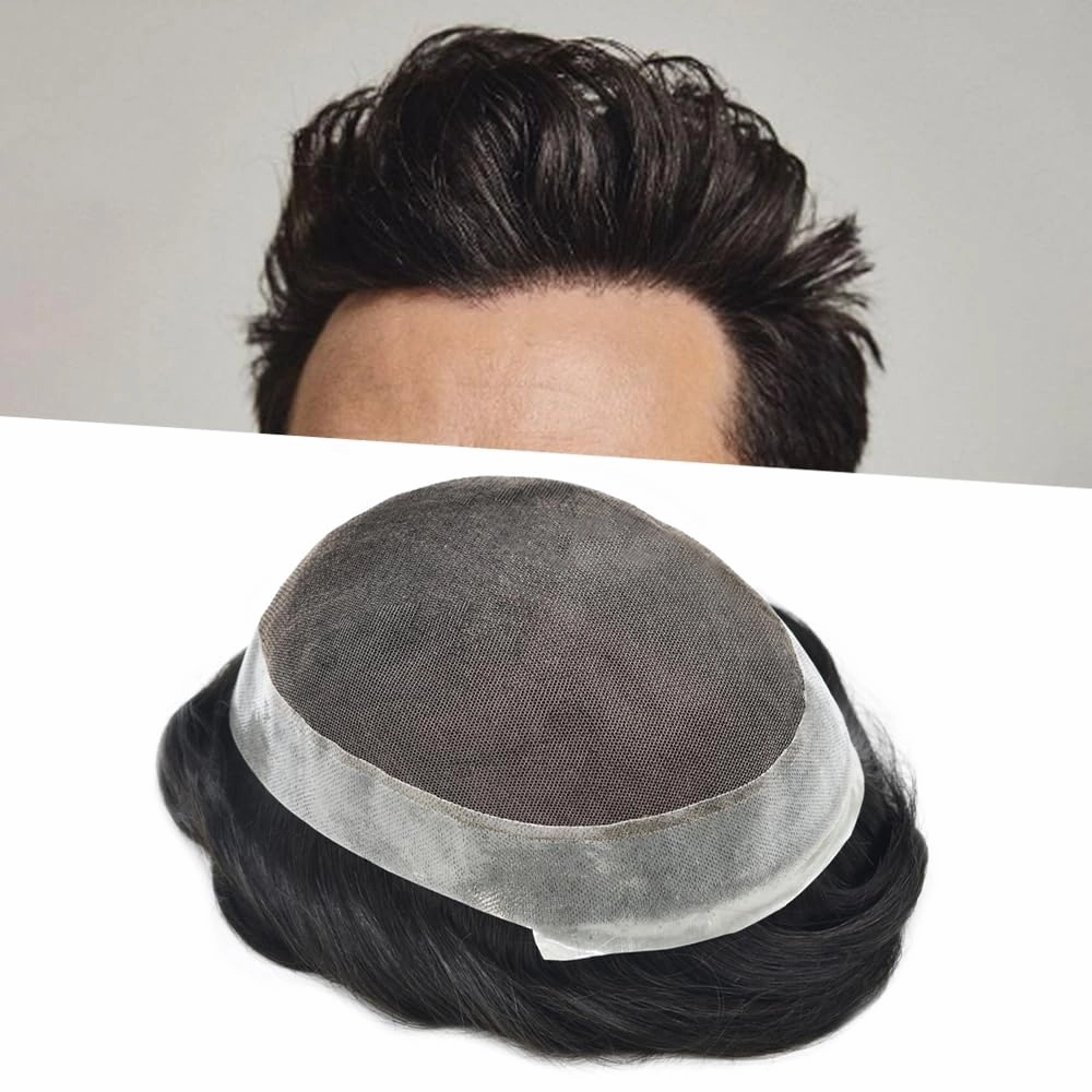 Toupee For Men Hair Replacement System Real Human Hair Piece For Men Swiss Lace Mens Toupee Hair Pieces Hair System For Men 8x10 100% light to medium density1# JET BLACK